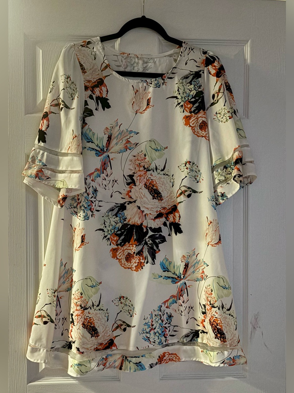 Floral Ruffle Sleeve Women’s dress- White with Multicolor Floral Print